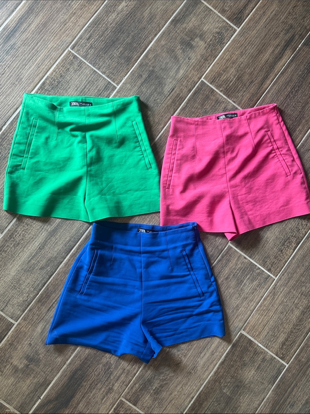 Zara High-Waist Tailored Shorts — Green, Pink, Blue (3-Pack)